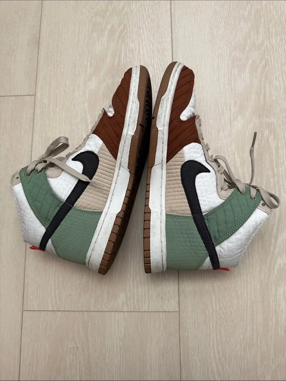 Nike Next Nature Toasty White Brown Green Dunks Sneakers with Black Swoosh